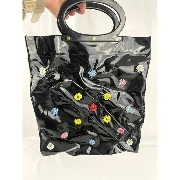 VTG Black Vinyl Daisy 3D Tote Bag Purse 14"x15" Retro Textured Round Handles - Picture 10 of 15